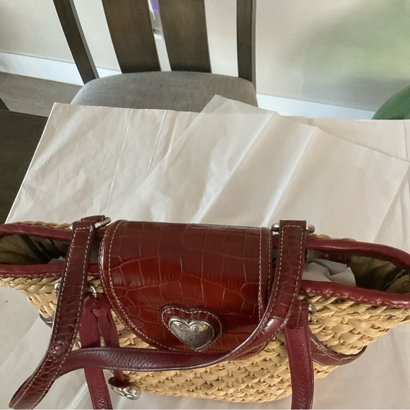 BRIGHTON Brown Crock Leather Naturar Straw Satchel Top Handles Bag Handbag - Picture 7 of 10